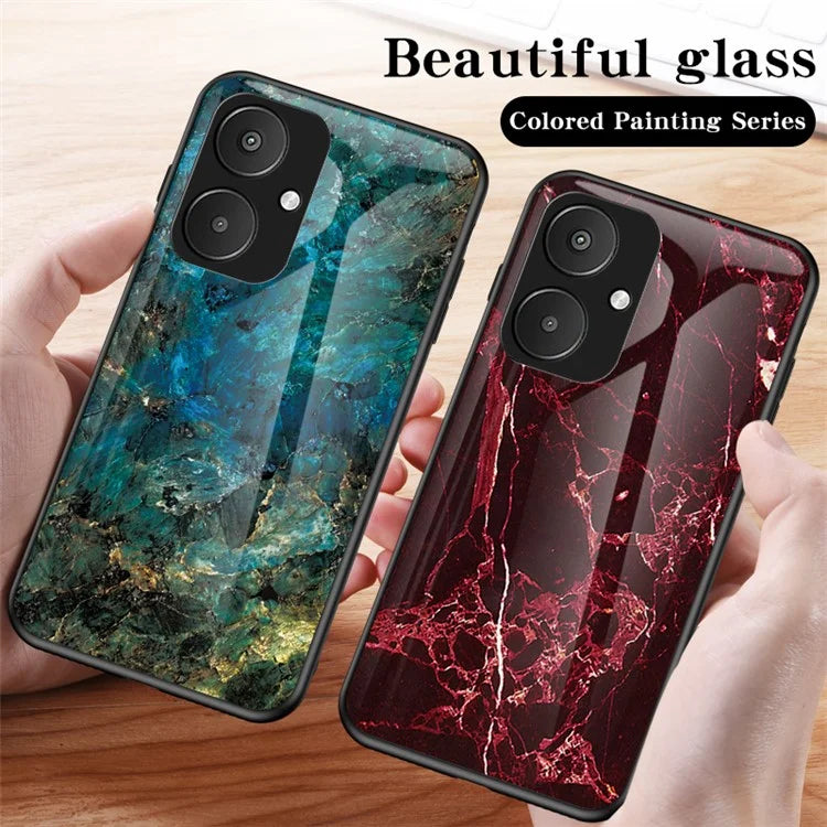 For Xiaomi Redmi 13C 5G Marble Pattern Case Tempered Glass+PC+TPU Cover