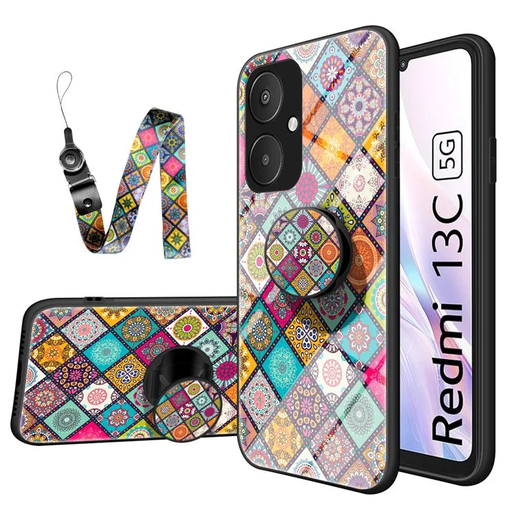 For Xiaomi Redmi 13C 5G Tempered Glass Case Flower Pattern Kickstand Cover