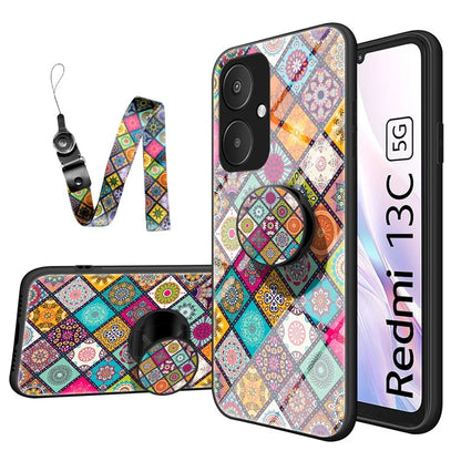For Xiaomi Redmi 13C 5G Tempered Glass Case Flower Pattern Kickstand Cover