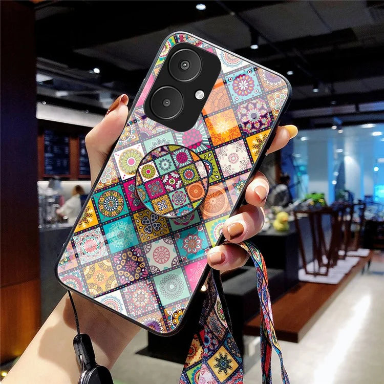 For Xiaomi Redmi 13C 5G Tempered Glass Case Flower Pattern Kickstand Cover