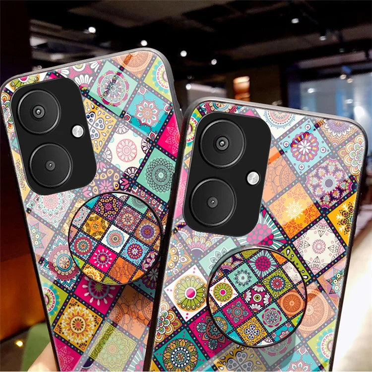For Xiaomi Redmi 13C 5G Tempered Glass Case Flower Pattern Kickstand Cover