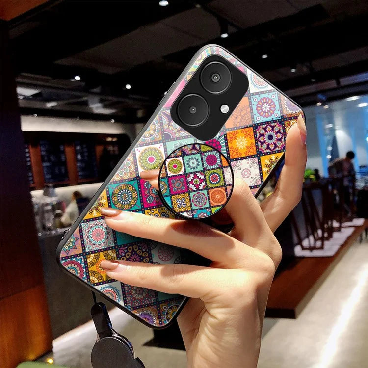For Xiaomi Redmi 13C 5G Tempered Glass Case Flower Pattern Kickstand Cover