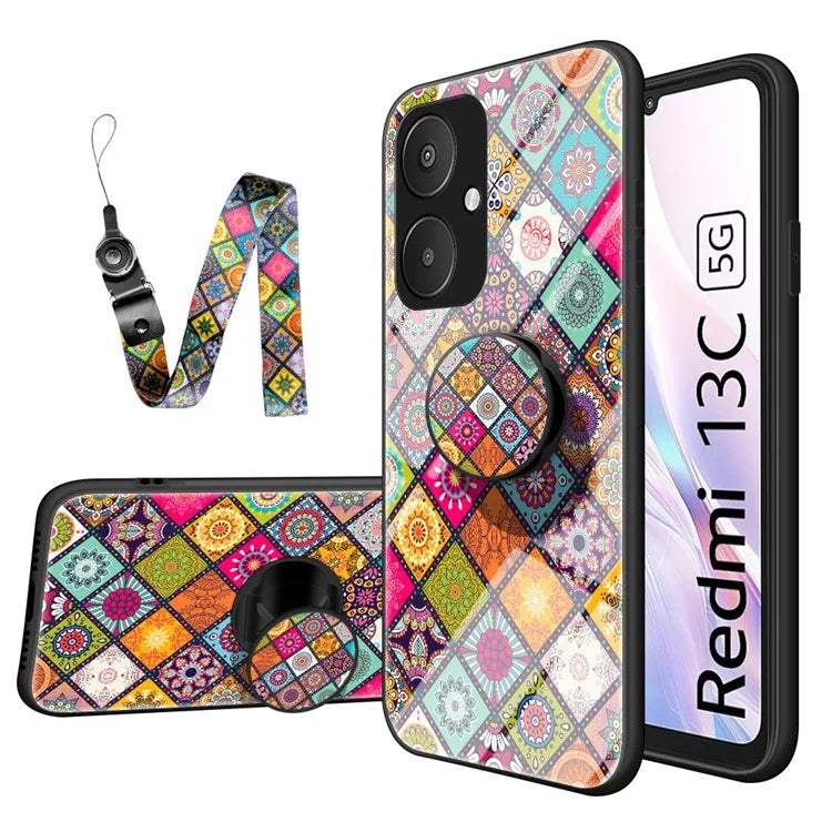 For Xiaomi Redmi 13C 5G Tempered Glass Case Flower Pattern Kickstand Cover