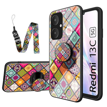 For Xiaomi Redmi 13C 5G Tempered Glass Case Flower Pattern Kickstand Cover