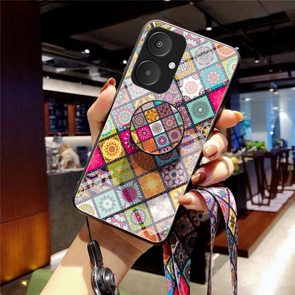 For Xiaomi Redmi 13C 5G Tempered Glass Case Flower Pattern Kickstand Cover