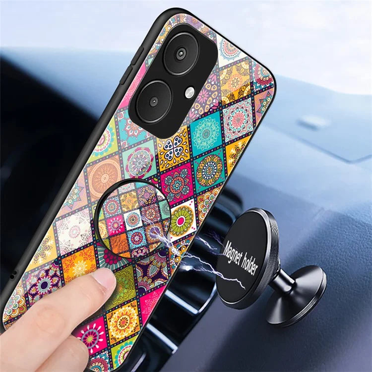 For Xiaomi Redmi 13C 5G Tempered Glass Case Flower Pattern Kickstand Cover