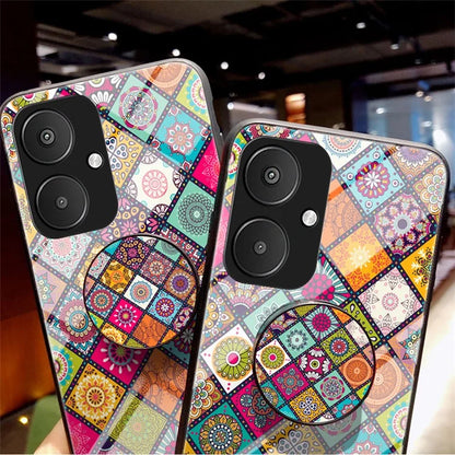 For Xiaomi Redmi 13C 5G Tempered Glass Case Flower Pattern Kickstand Cover