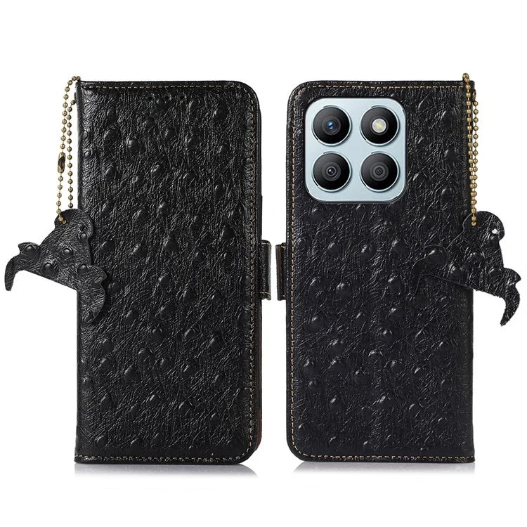 For Honor X8b 4G RFID Blocking Genuine Cow Leather Case Ostrich Texture