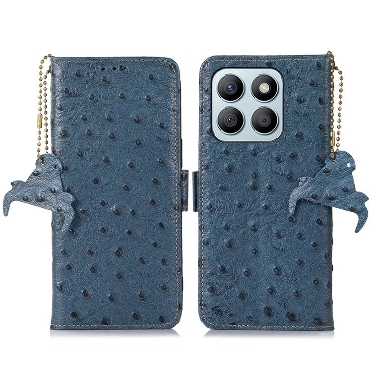 For Honor X8b 4G RFID Blocking Genuine Cow Leather Case Ostrich Texture