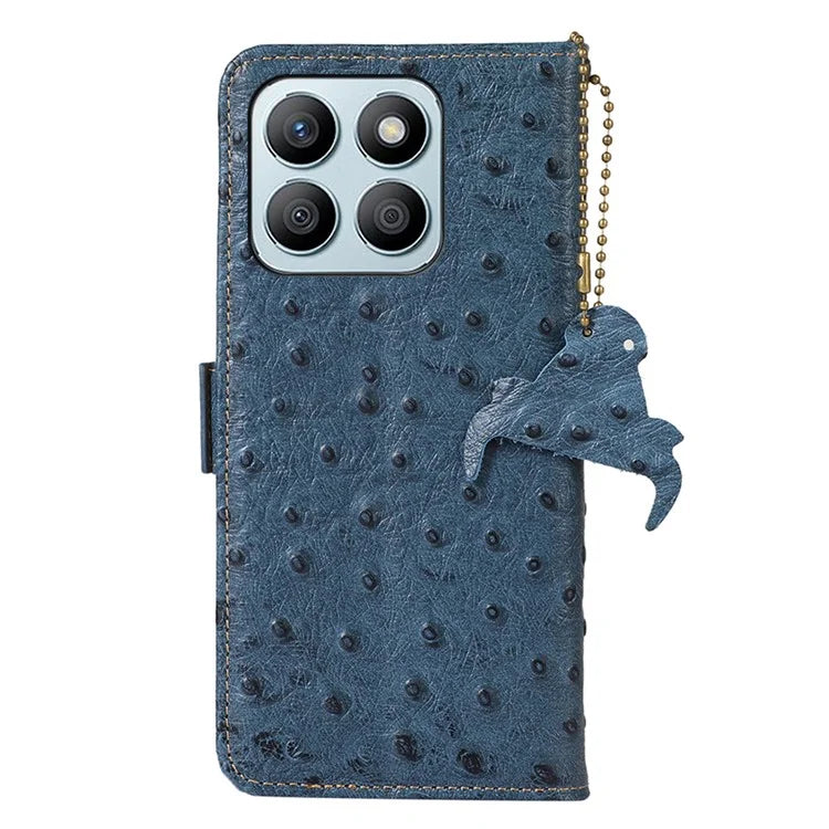 For Honor X8b 4G RFID Blocking Genuine Cow Leather Case Ostrich Texture