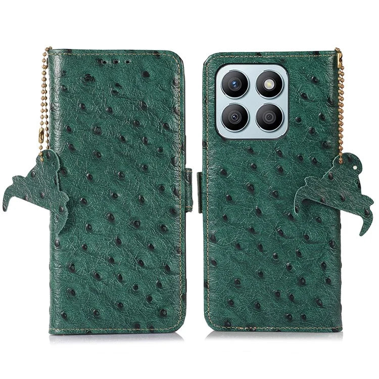 For Honor X8b 4G RFID Blocking Genuine Cow Leather Case Ostrich Texture