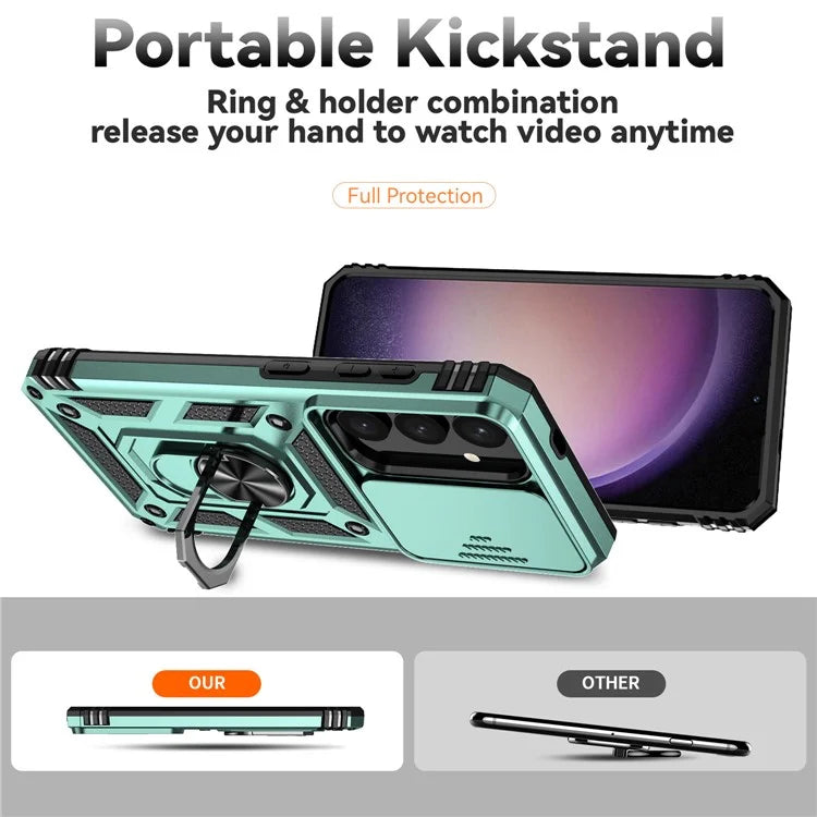 For Samsung Galaxy S24 Case with Camera Slide Protector Kickstand PC+TPU Phone Cover
