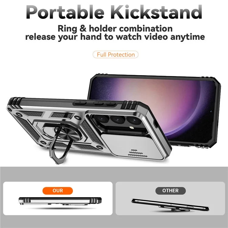 For Samsung Galaxy S24 Case with Camera Slide Protector Kickstand PC+TPU Phone Cover