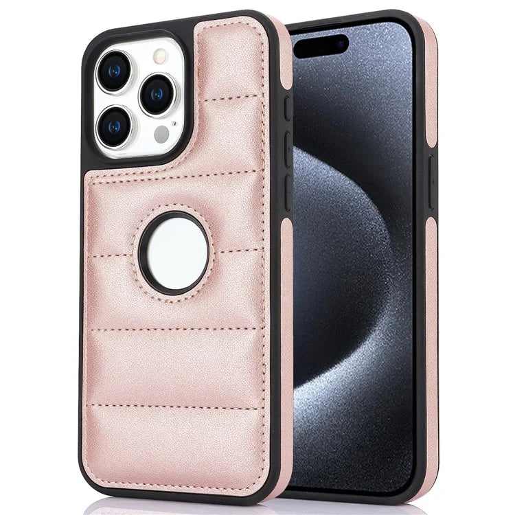 For iPhone 15 Pro Max Down Jacket Case Leather+TPU Cover with Hollow Logo Design