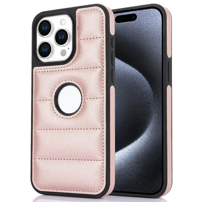 For iPhone 15 Pro Max Down Jacket Case Leather+TPU Cover with Hollow Logo Design