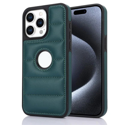 For iPhone 15 Pro Max Down Jacket Case Leather+TPU Cover with Hollow Logo Design