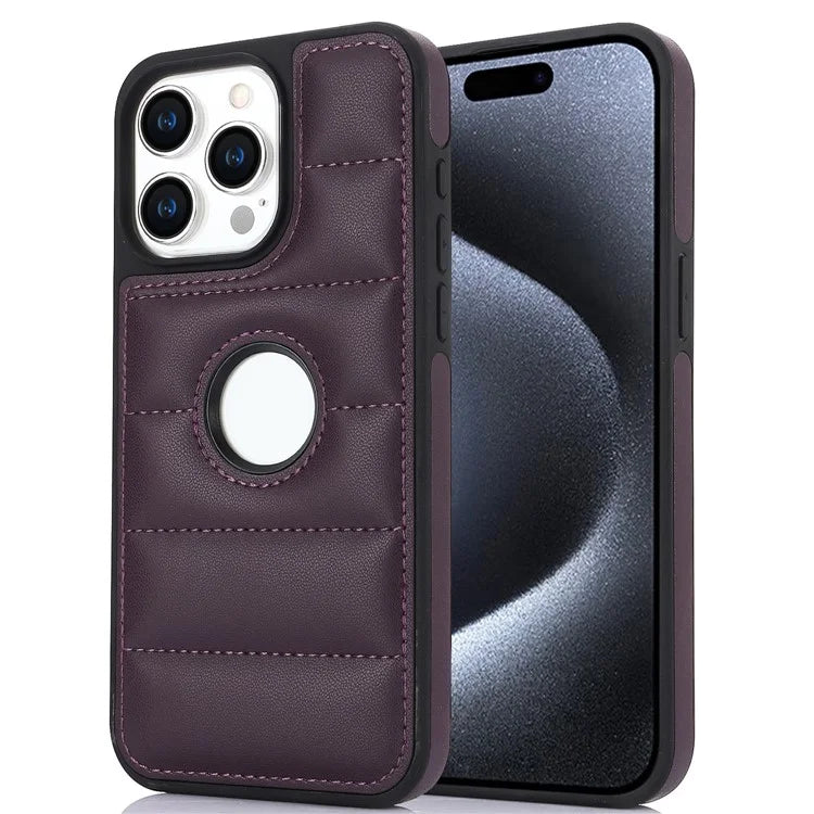 For iPhone 15 Pro Max Down Jacket Case Leather+TPU Cover with Hollow Logo Design