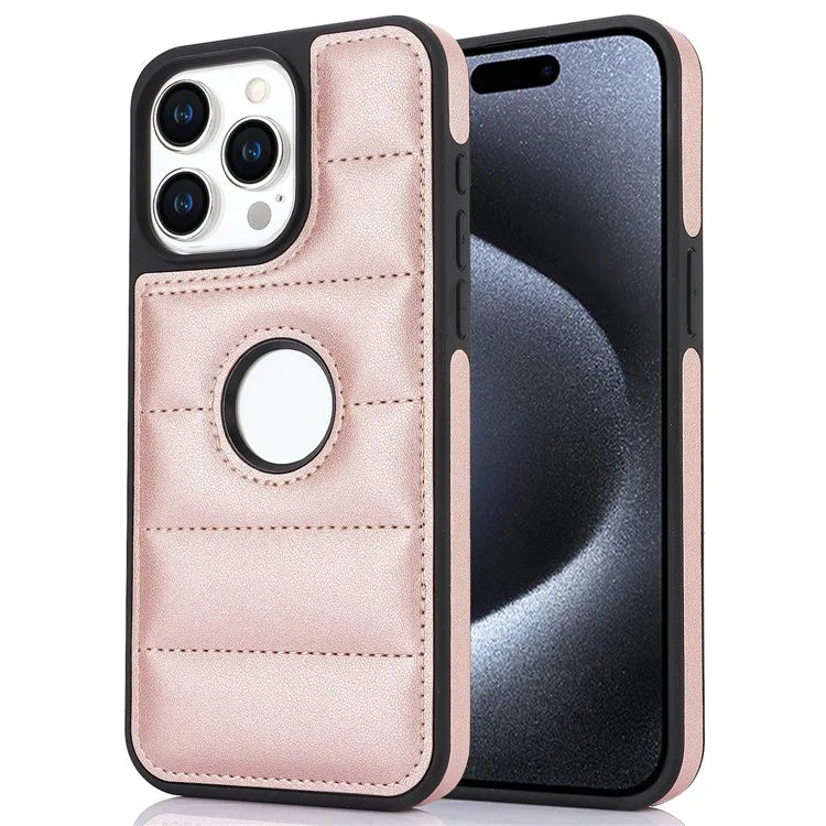 For iPhone 14 Pro Down Jacket Phone Case Hollow Logo Window Leather+TPU Cover