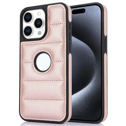 For iPhone 14 Pro Down Jacket Phone Case Hollow Logo Window Leather+TPU Cover