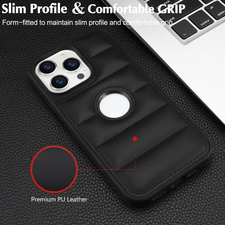 For iPhone 14 Pro Down Jacket Phone Case Hollow Logo Window Leather+TPU Cover