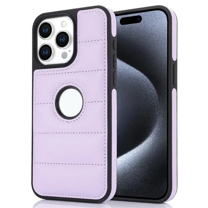 For iPhone 14 Pro Down Jacket Phone Case Hollow Logo Window Leather+TPU Cover