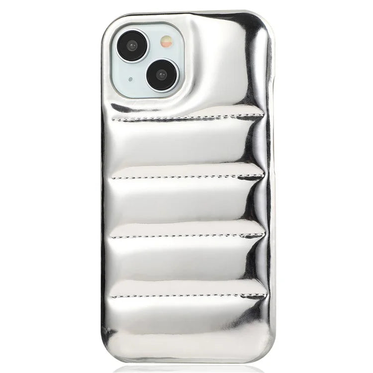 For iPhone 14 Phone Case PU Leather Coated PC Cover Laser Effect Down Jacket Design