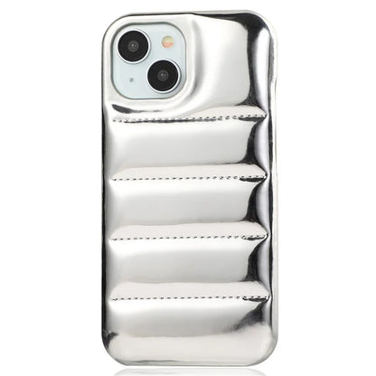 For iPhone 14 Phone Case PU Leather Coated PC Cover Laser Effect Down Jacket Design