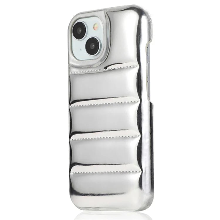 For iPhone 14 Phone Case PU Leather Coated PC Cover Laser Effect Down Jacket Design