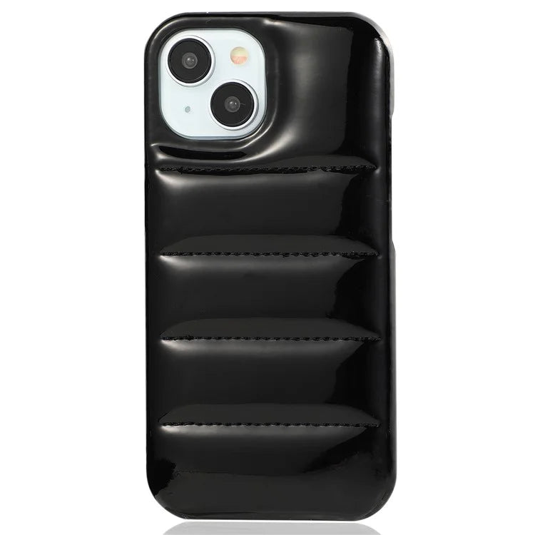 For iPhone 14 Phone Case PU Leather Coated PC Cover Laser Effect Down Jacket Design