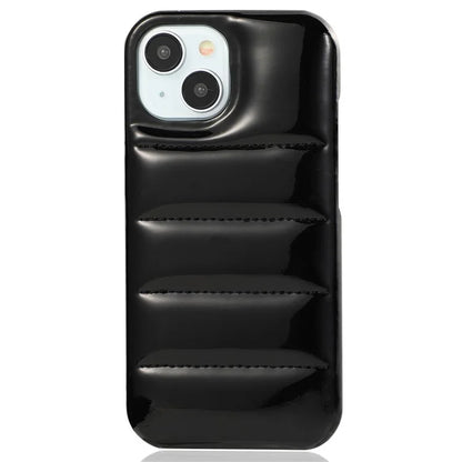 For iPhone 14 Phone Case PU Leather Coated PC Cover Laser Effect Down Jacket Design