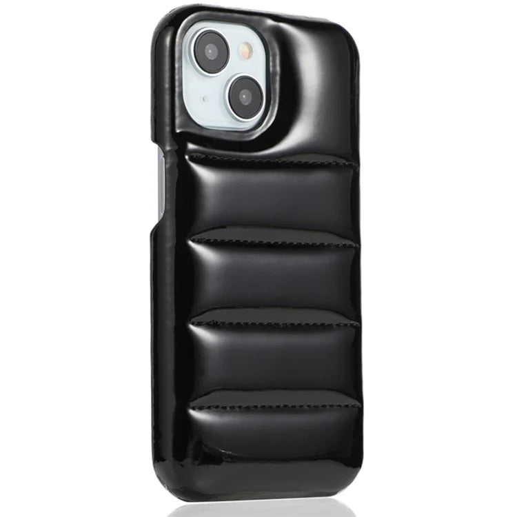 For iPhone 14 Phone Case PU Leather Coated PC Cover Laser Effect Down Jacket Design