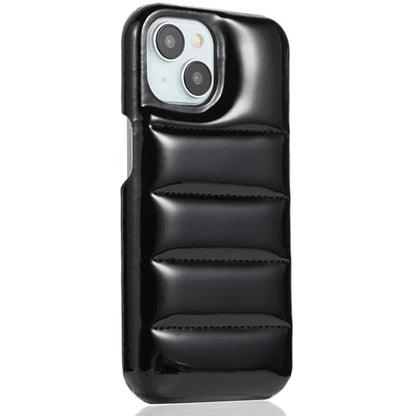 For iPhone 14 Phone Case PU Leather Coated PC Cover Laser Effect Down Jacket Design