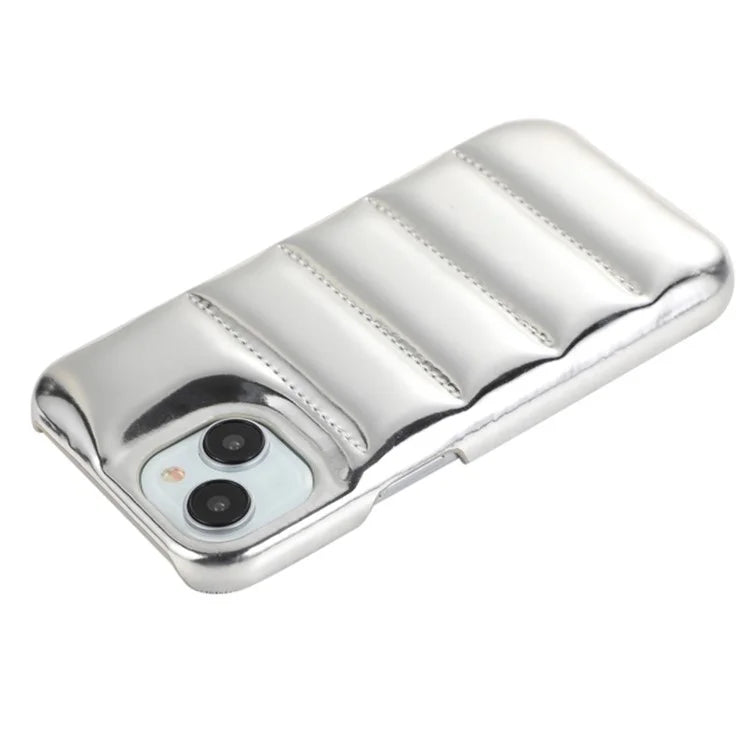 For iPhone 14 Phone Case PU Leather Coated PC Cover Laser Effect Down Jacket Design