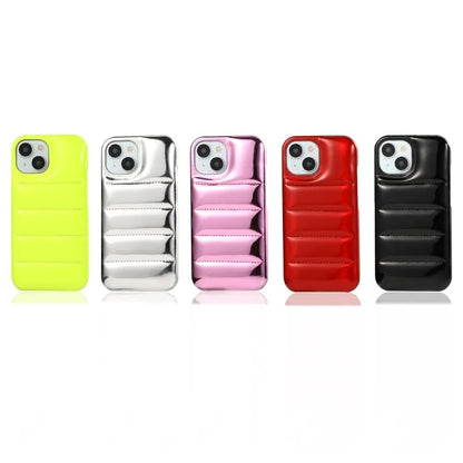 For iPhone 14 Phone Case PU Leather Coated PC Cover Laser Effect Down Jacket Design