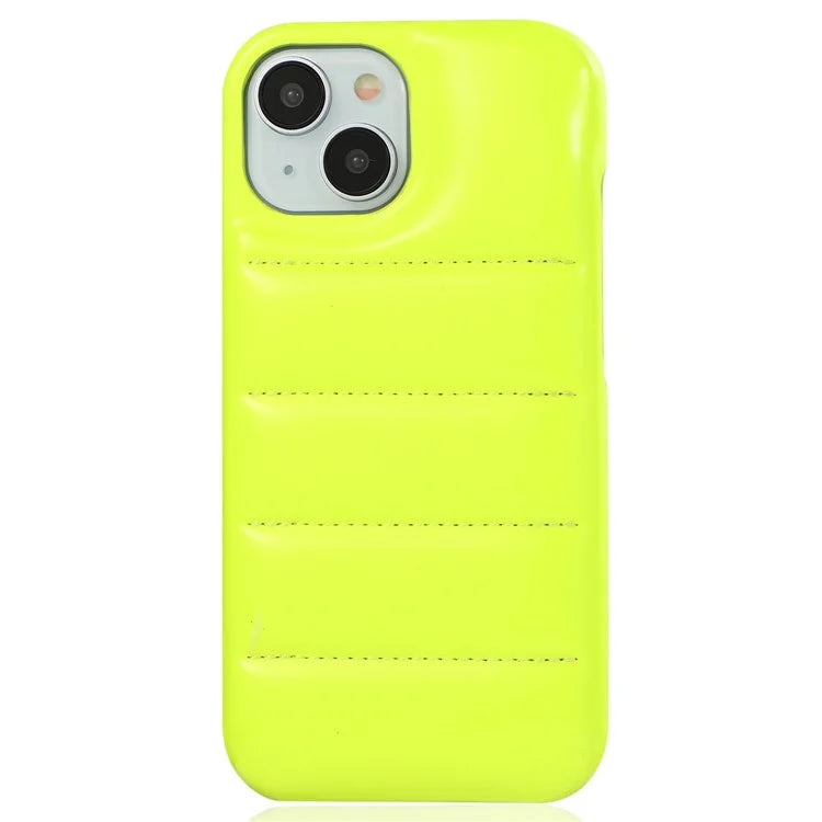 For iPhone 14 Phone Case PU Leather Coated PC Cover Laser Effect Down Jacket Design