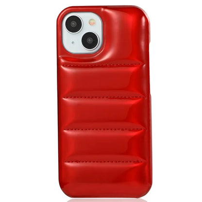 For iPhone 14 Phone Case PU Leather Coated PC Cover Laser Effect Down Jacket Design