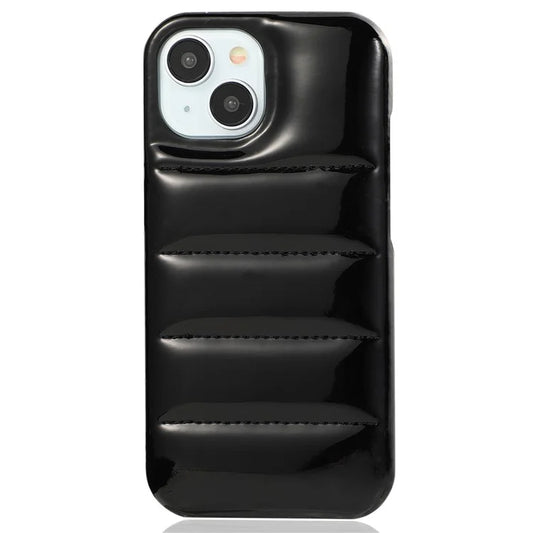 Down Jacket Case for iPhone 15 Laser Effect PU Leather Coated PC Phone Cover