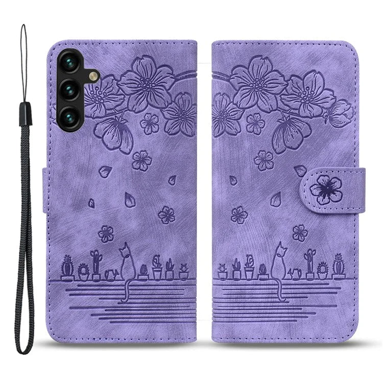 For Samsung Galaxy A55 5G Leather Case Imprinted Flower Cat Phone Cover with Hand Strap