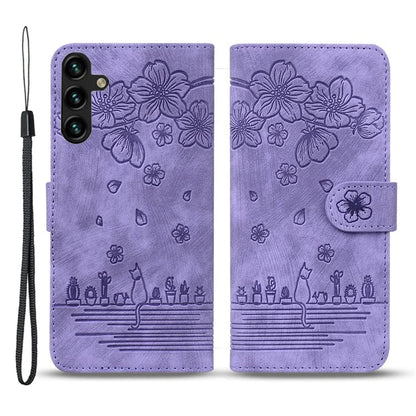 For Samsung Galaxy A55 5G Leather Case Imprinted Flower Cat Phone Cover with Hand Strap