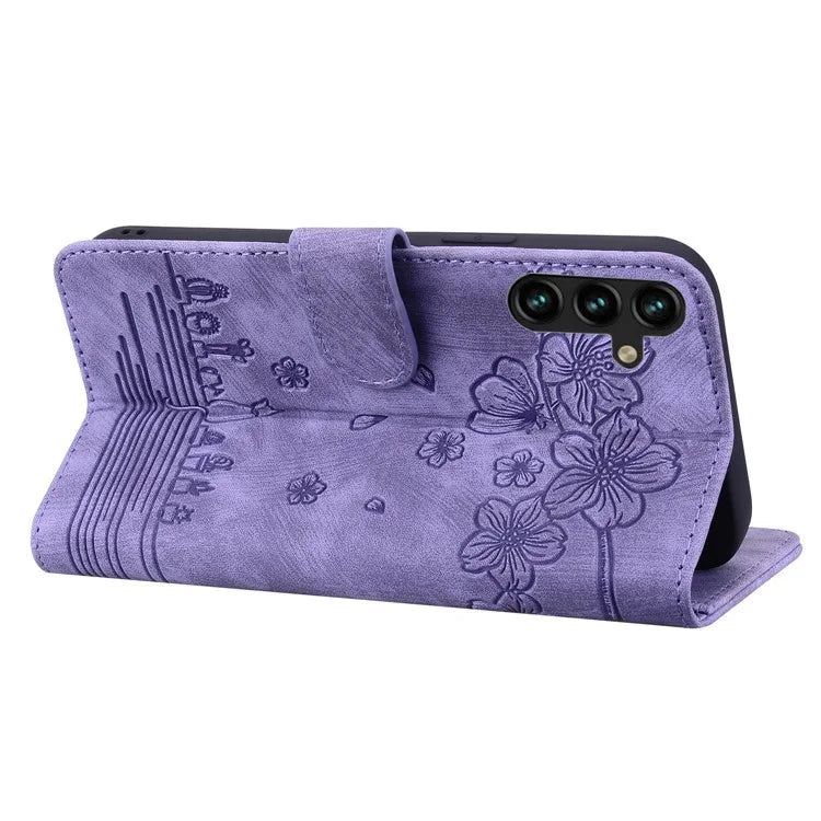 For Samsung Galaxy A55 5G Leather Case Imprinted Flower Cat Phone Cover with Hand Strap