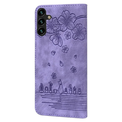 For Samsung Galaxy A55 5G Leather Case Imprinted Flower Cat Phone Cover with Hand Strap