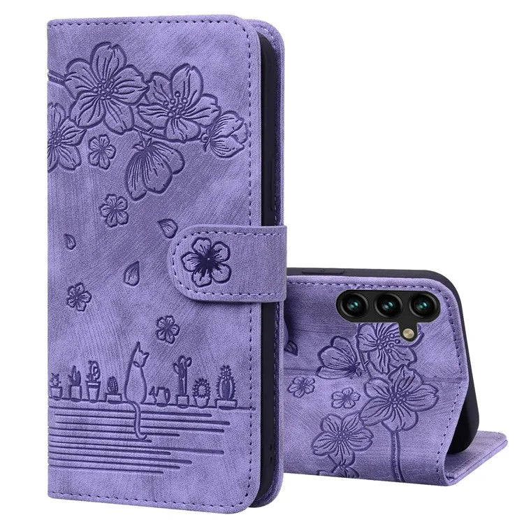 For Samsung Galaxy A55 5G Leather Case Imprinted Flower Cat Phone Cover with Hand Strap
