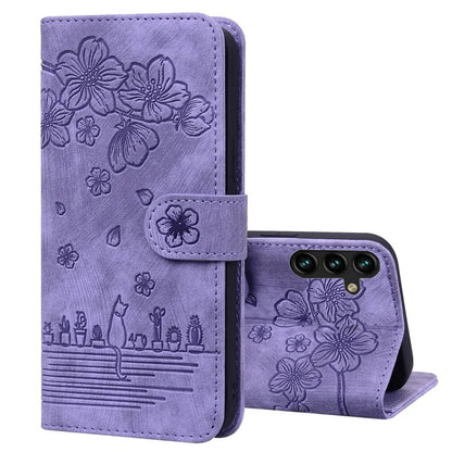 For Samsung Galaxy A55 5G Leather Case Imprinted Flower Cat Phone Cover with Hand Strap