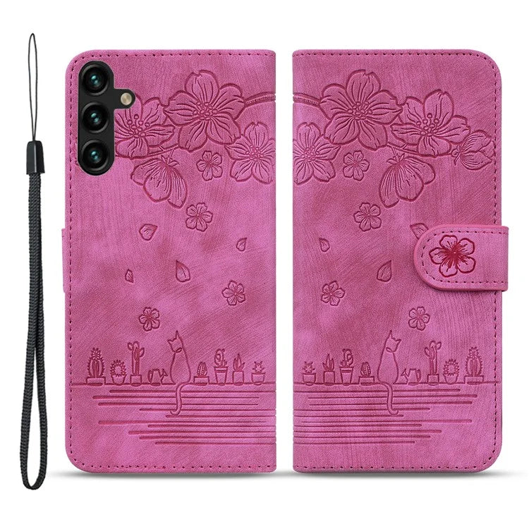 For Samsung Galaxy A55 5G Leather Case Imprinted Flower Cat Phone Cover with Hand Strap