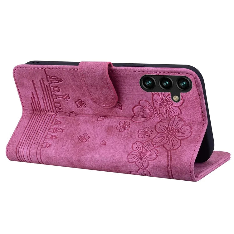 For Samsung Galaxy A55 5G Leather Case Imprinted Flower Cat Phone Cover with Hand Strap