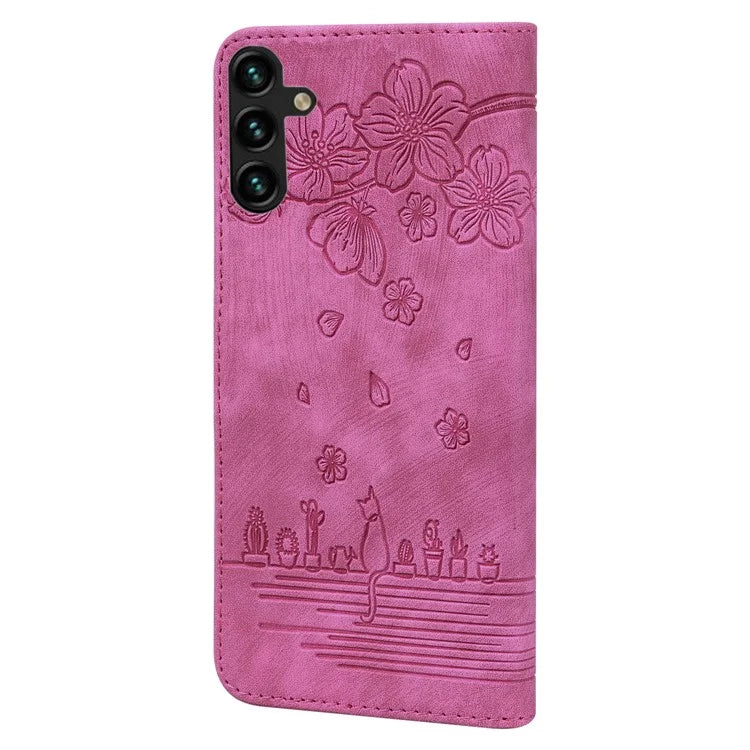 For Samsung Galaxy A55 5G Leather Case Imprinted Flower Cat Phone Cover with Hand Strap