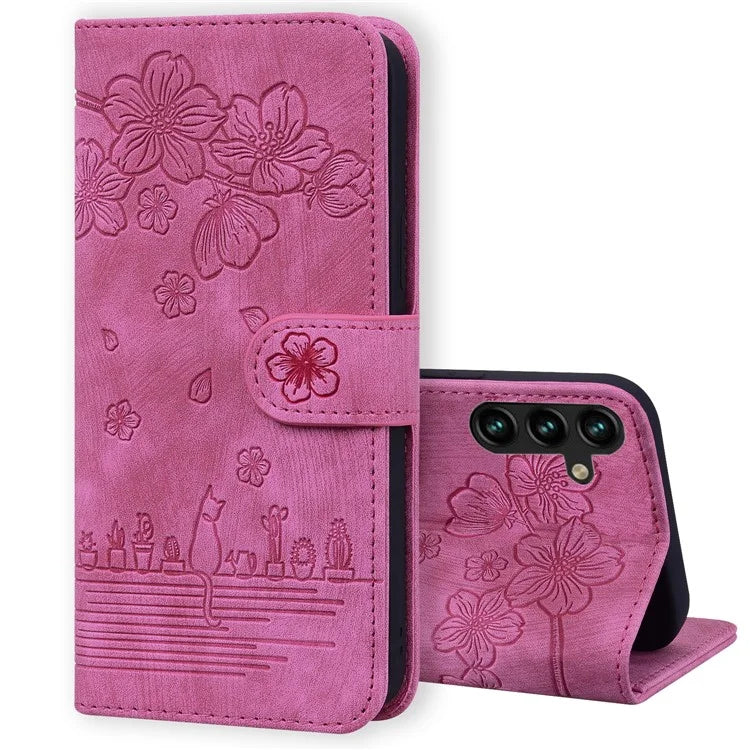 For Samsung Galaxy A55 5G Leather Case Imprinted Flower Cat Phone Cover with Hand Strap