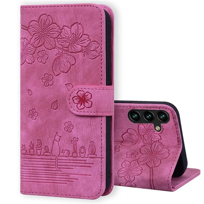 For Samsung Galaxy A55 5G Leather Case Imprinted Flower Cat Phone Cover with Hand Strap