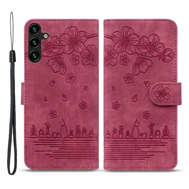 For Samsung Galaxy A55 5G Leather Case Imprinted Flower Cat Phone Cover with Hand Strap