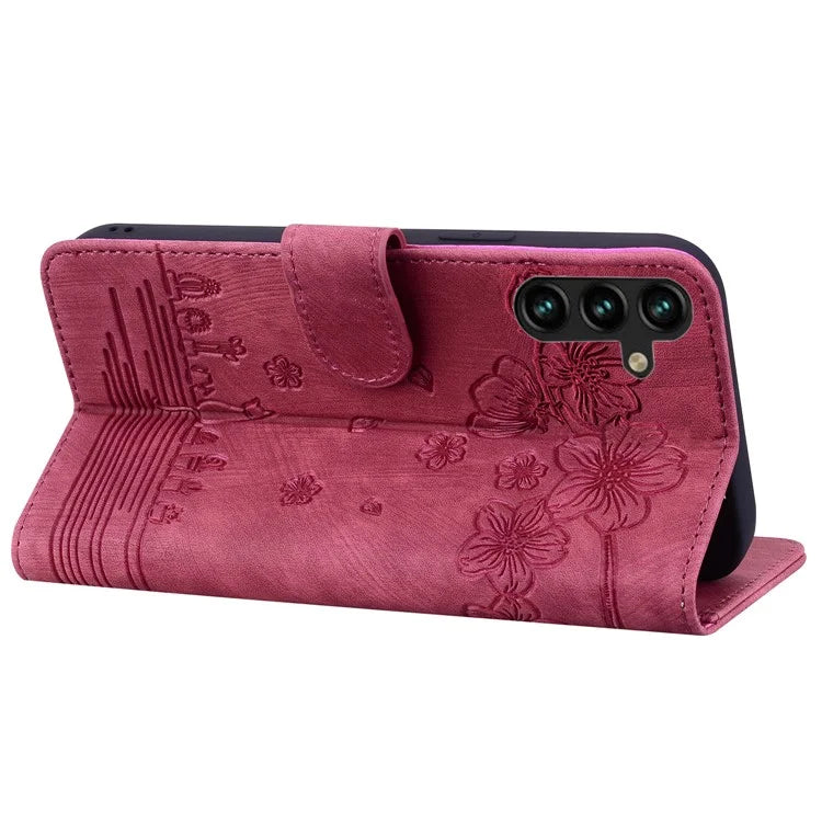 For Samsung Galaxy A55 5G Leather Case Imprinted Flower Cat Phone Cover with Hand Strap